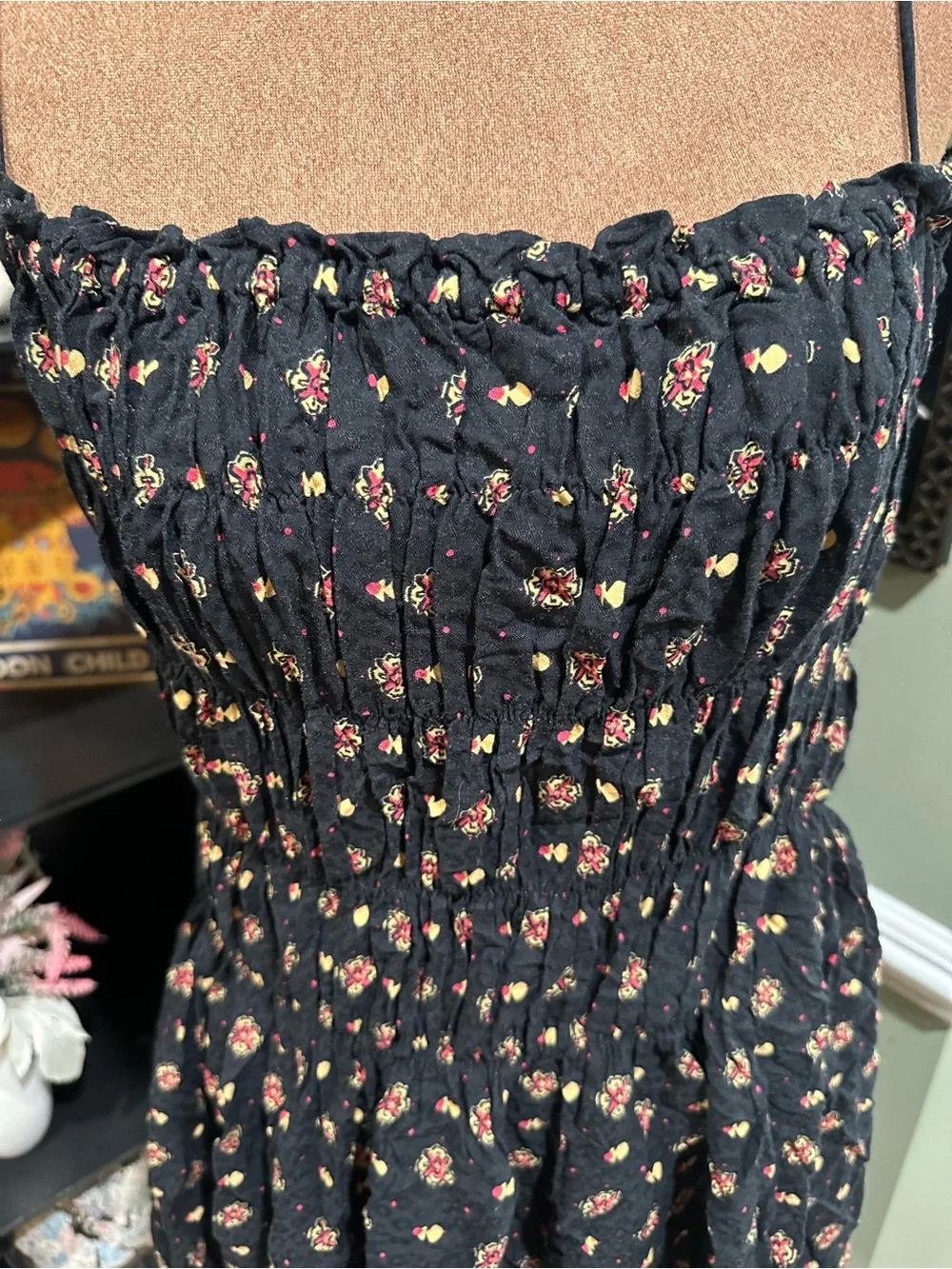Free People “Clementina” Black Floral Smocked Dress Size Small